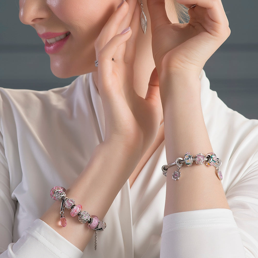 Woman wearing Blooming Kiss Murano Glass Charm Bead – lifestyle view