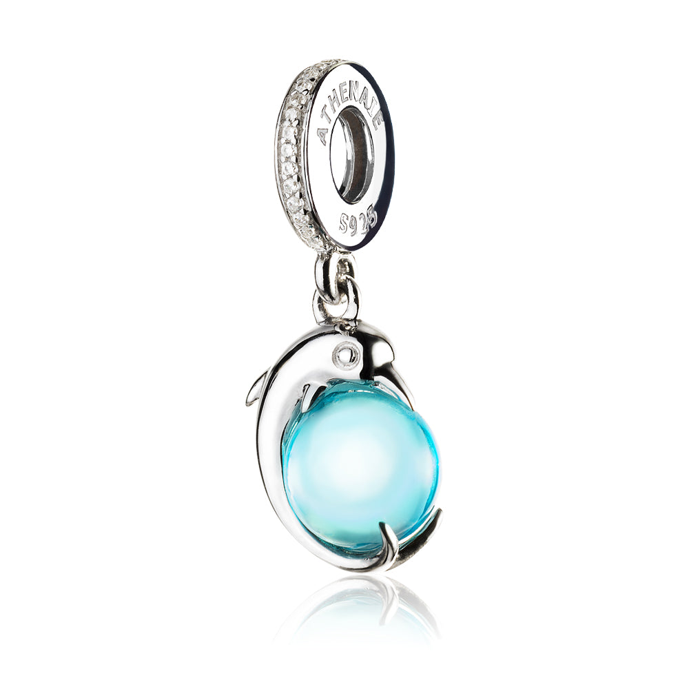 Aqua Dolphin dangle charm in sterling silver – front view