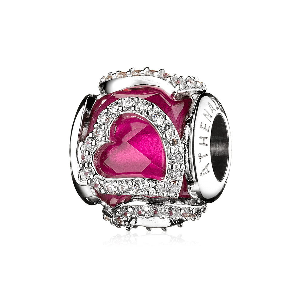 ATHENAIE Cherry Red Heart Charm with CZ styled on silver charm bracelet