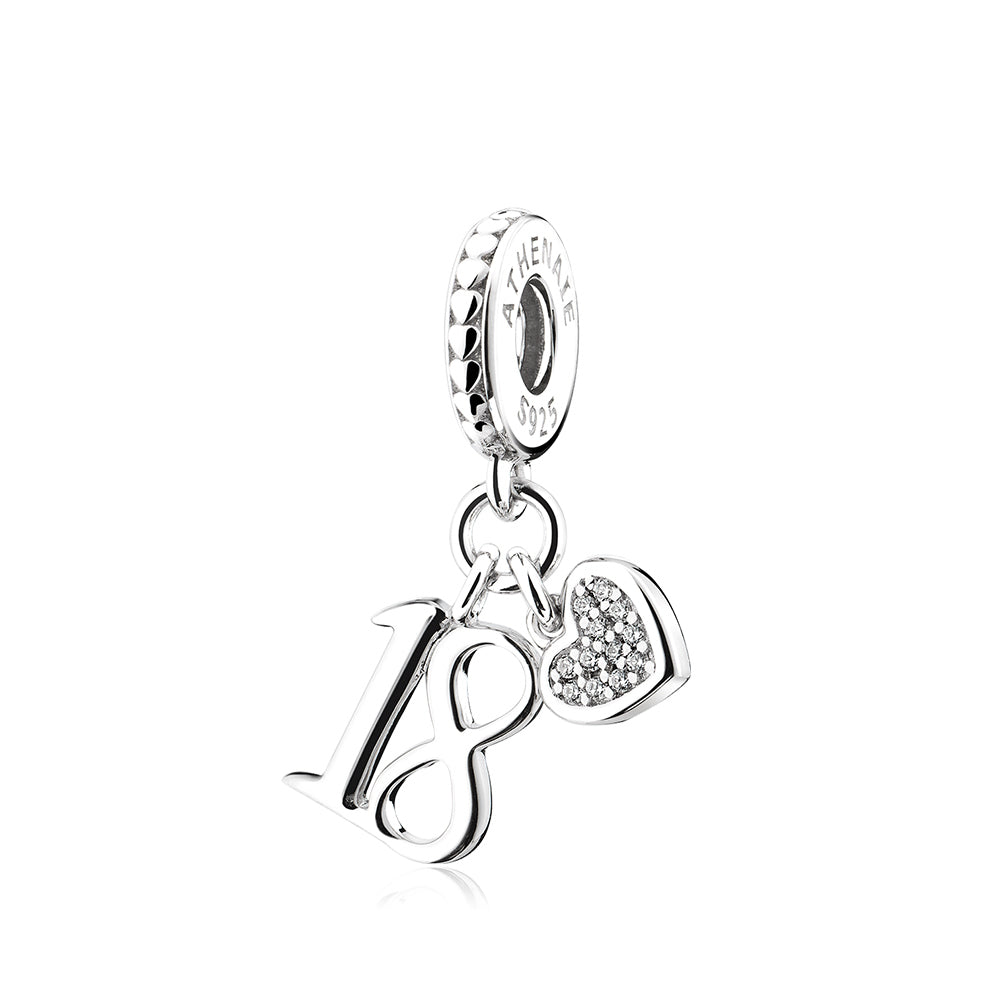 Front view of ATHENAIE Sweet 18 silver dangle charm for 18th birthday celebration