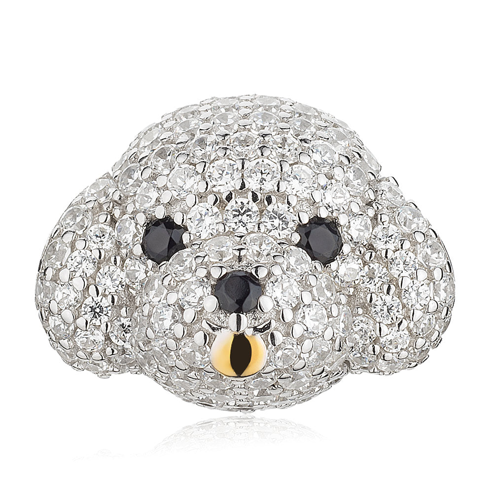 Cute Bichon dog charm bead in 925 sterling silver – front view