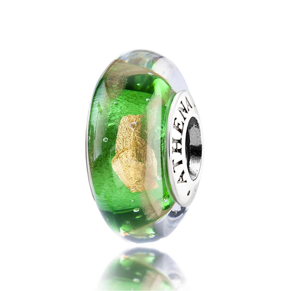 Emerald Gold Murano glass charm bead with 925 silver core, front view.