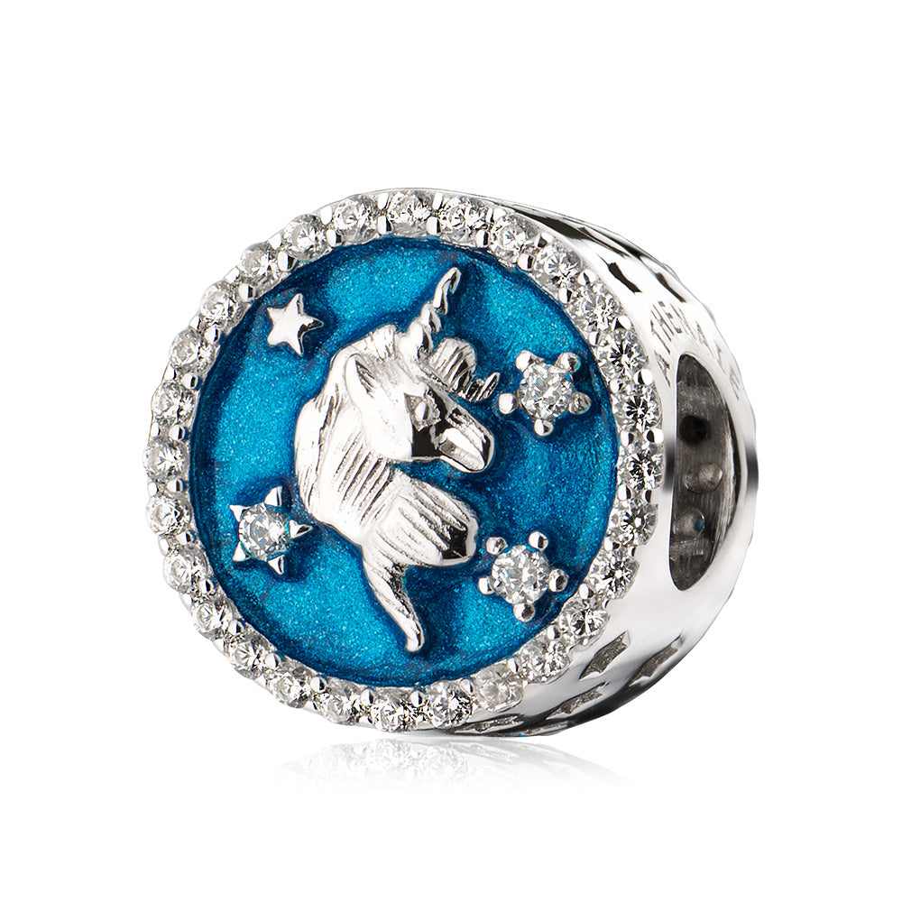 Side view of EN95 blue unicorn charm bead in sterling silver with CZ and enamel