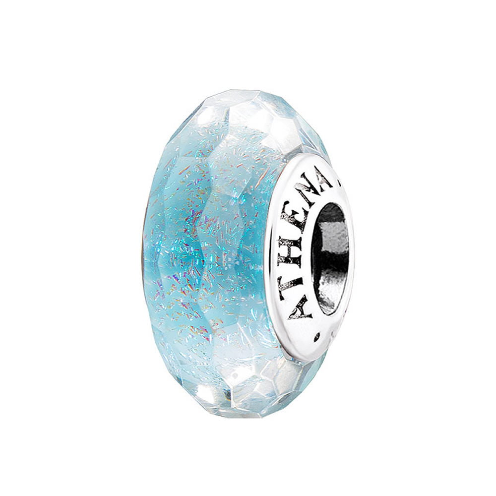 Ocean Whisper charm in faceted light blue Murano glass with 925 silver core, front view on white background