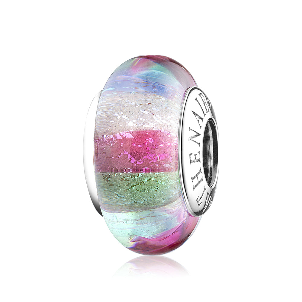 Rainbow Murano glass charm bead with 925 silver core – front view on white background