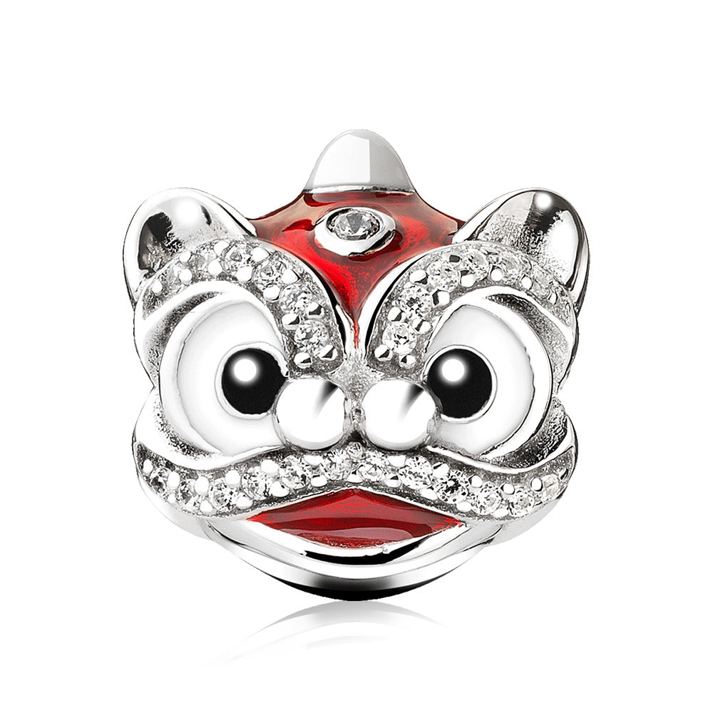 Front view of red enamel Chinese lion dance charm in 925 silver