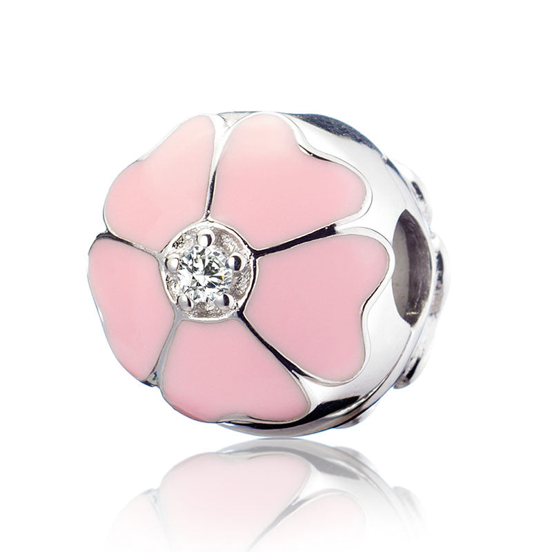 Sakura Bloom charm in 925 sterling silver with pink enamel petals and zirconia, front view on white background