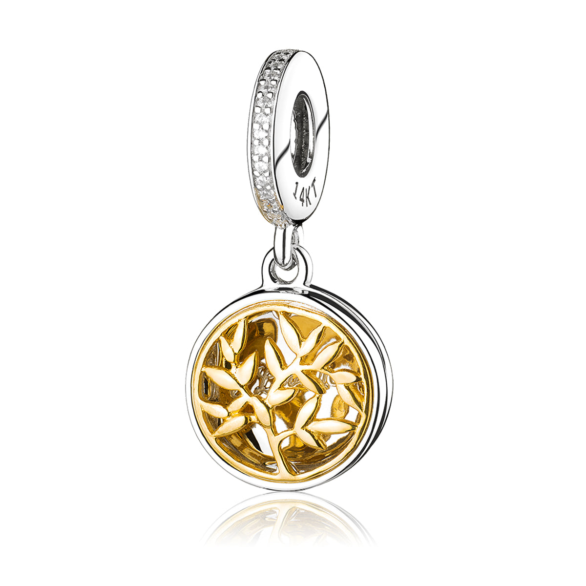 Golden Grove charm in 14kt gold and sterling silver on white background
