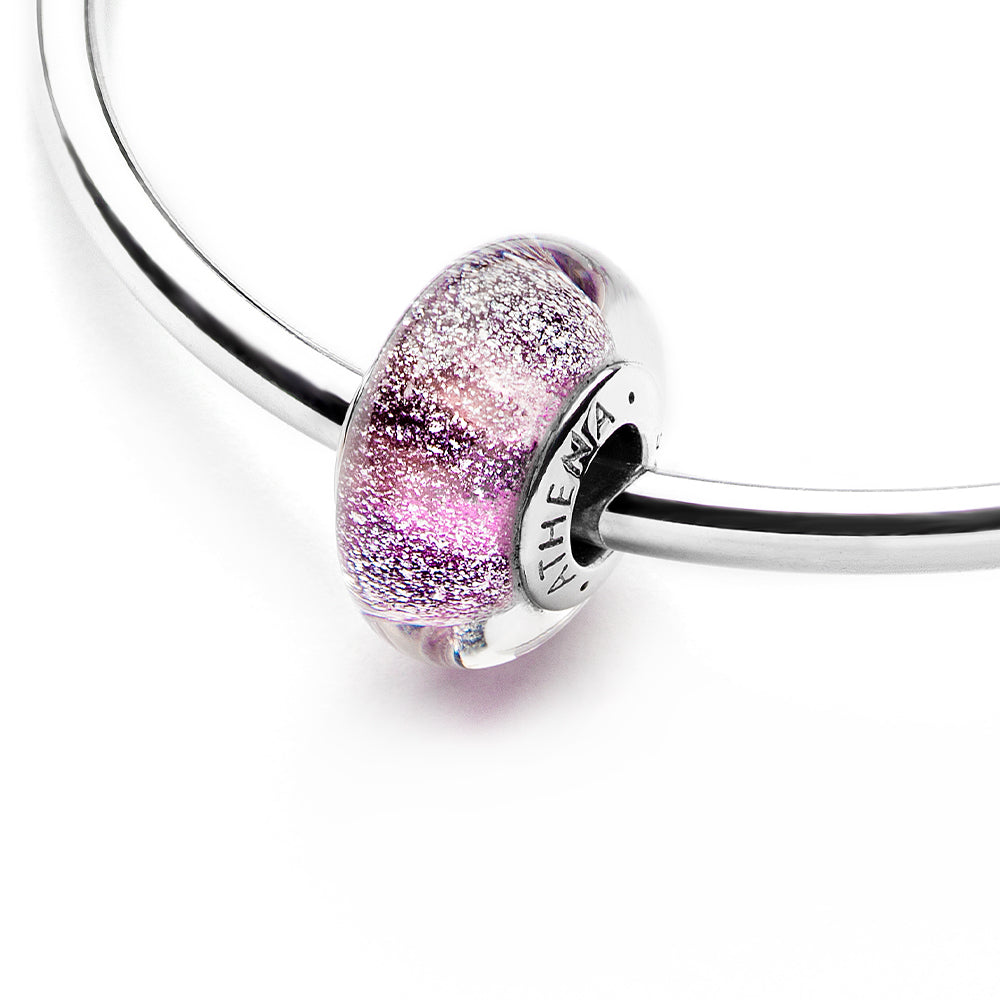 Twilight Bloom charm styled on bracelet, purple glass bead sparkle view