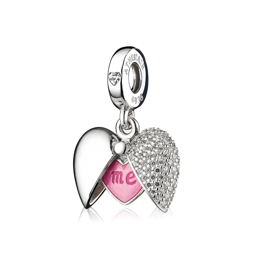 You & Me heart-shaped silver locket pendant with enamel and CZ – front white background