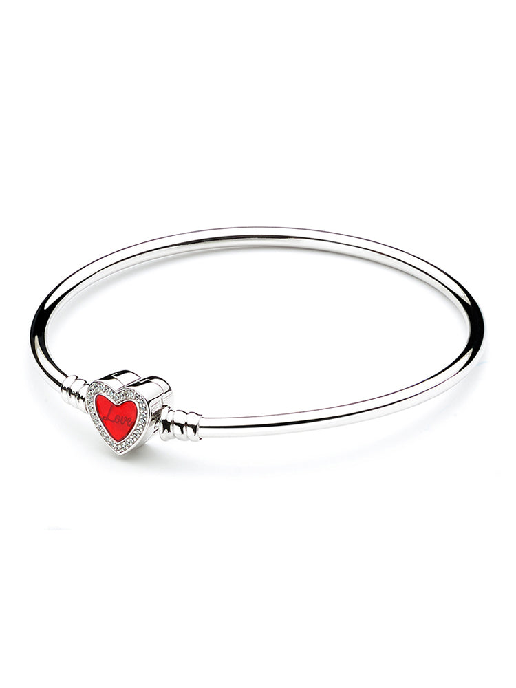Basic Charm Bracelet Bangle Pave Clear CZ Heart-Shaped Enamel Snap Clasp