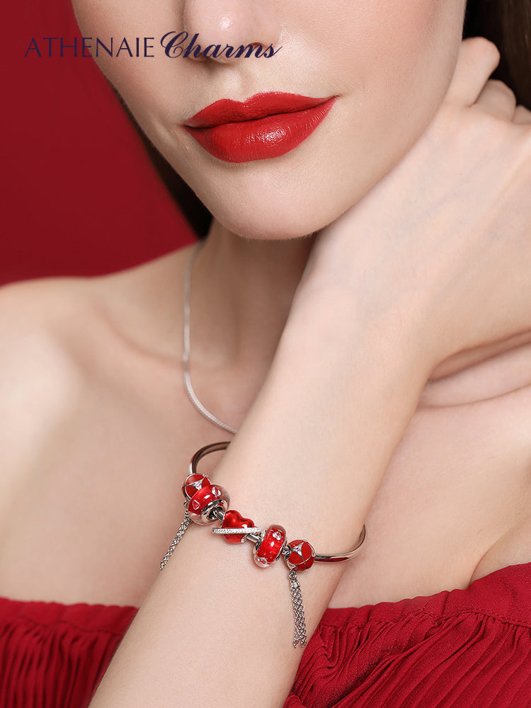 Basic Charm Bracelet Bangle Pave Clear CZ Heart-Shaped Enamel Snap Clasp