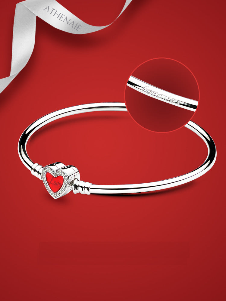 Basic Charm Bracelet Bangle Pave Clear CZ Heart-Shaped Enamel Snap Clasp