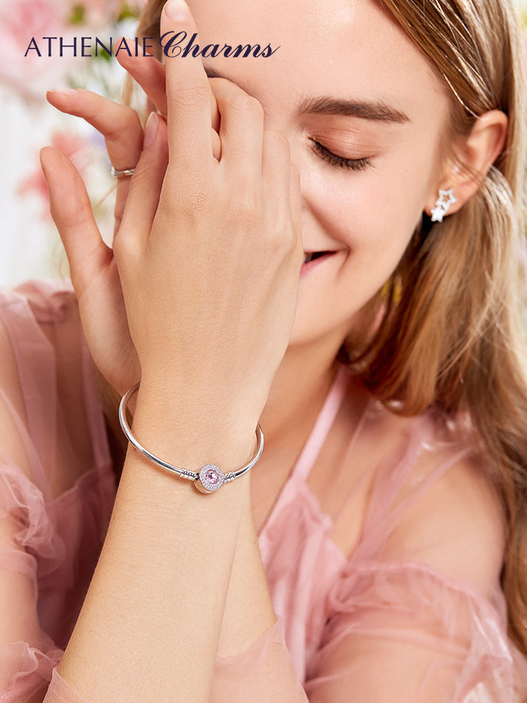 Pave Pink CZ and Enamel Clasp Basic Charms Bangle