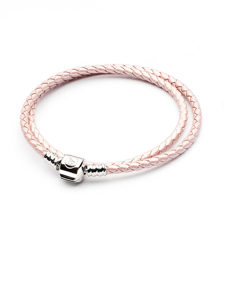 Blush Pink Double Wrap Leather Charm Bracelet with Sterling Silver Clasp