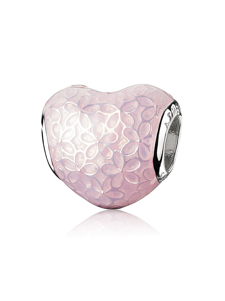 Pingente Coração Florido – Conta em Prata 925 com Esmalte Rosa para Pulseiras