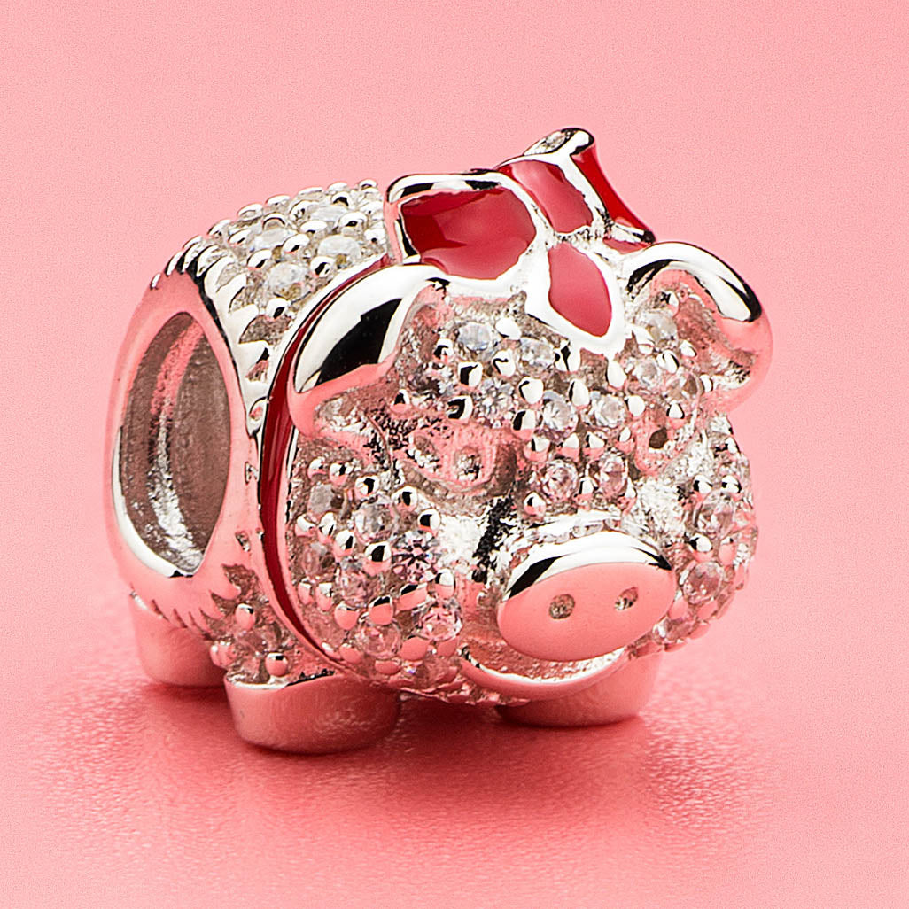 Bow Piggy Bank with Clear CZ Bead