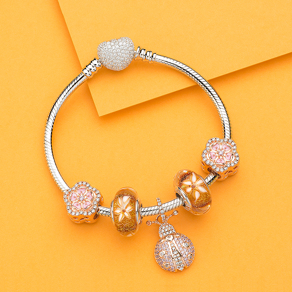 Pink Cherry Blossom Flower Rose Gold Charms Beads