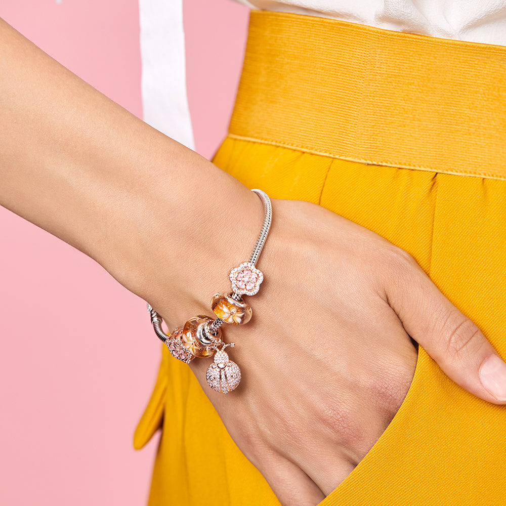 Pink Cherry Blossom Flower Rose Gold Charms Beads