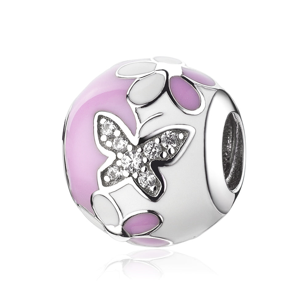 Pink Enamel Butterfly Daisy Flower Charms Beads