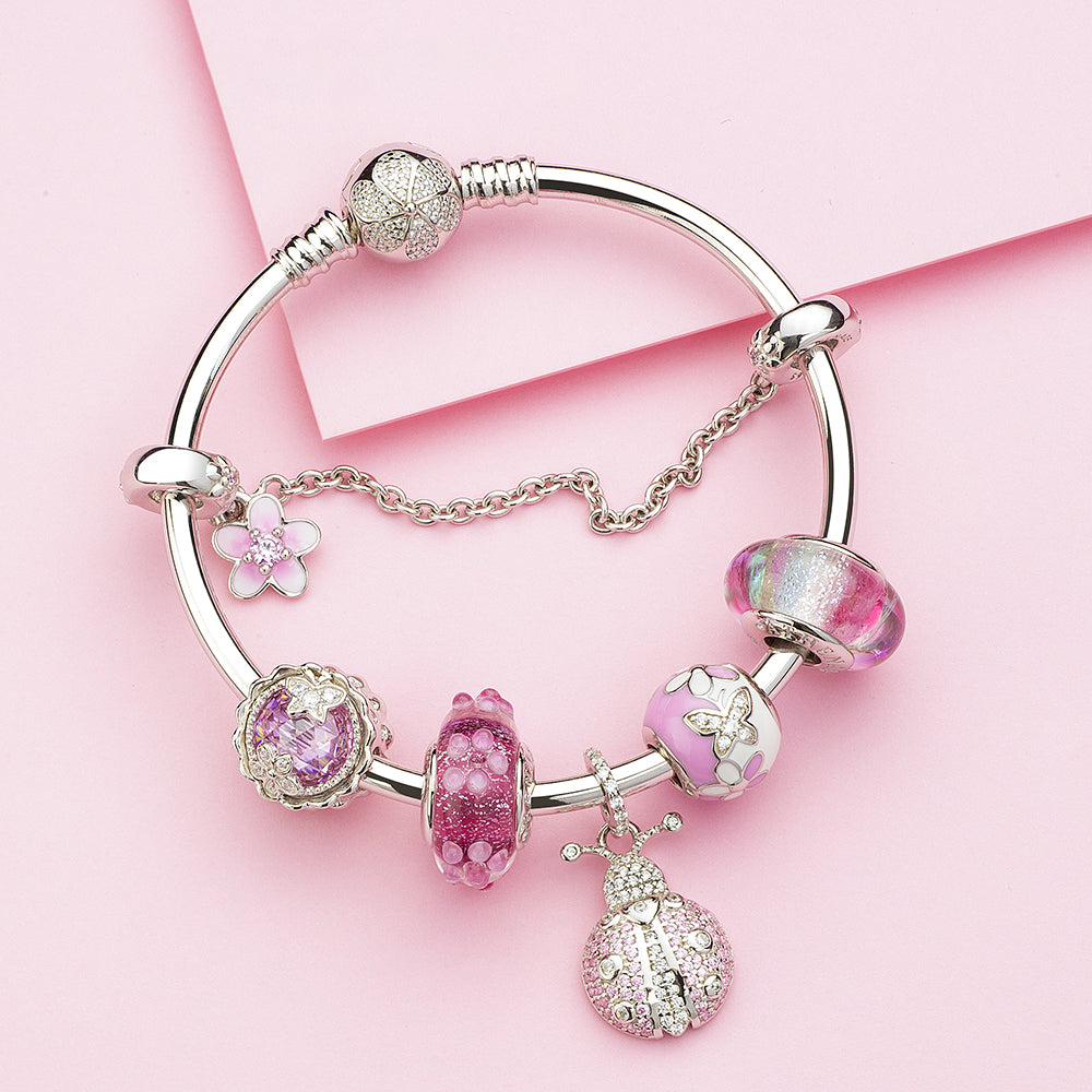 Pink Enamel Butterfly Daisy Flower Charms Beads