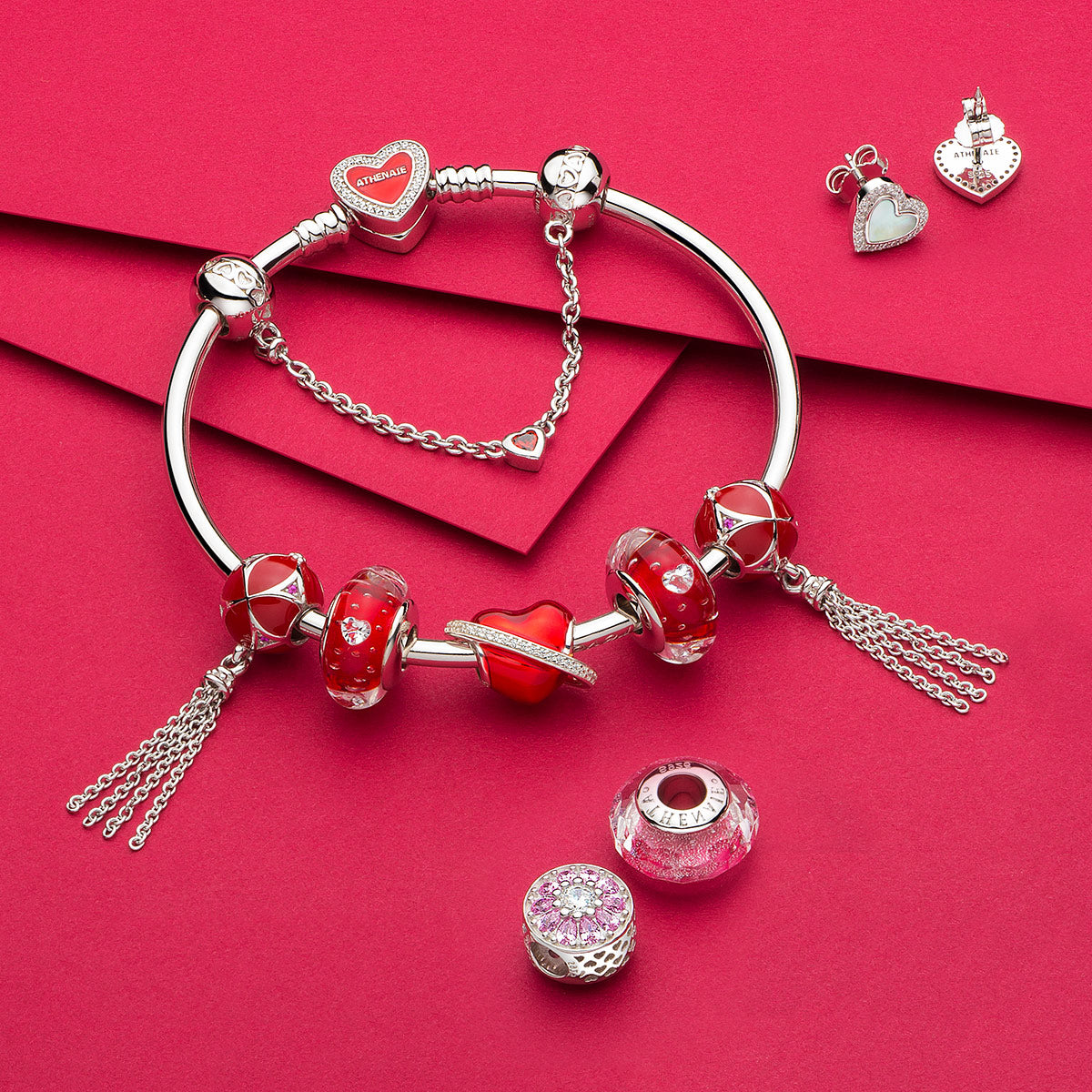 Cerise Glass Heart Clear CZ Bead
