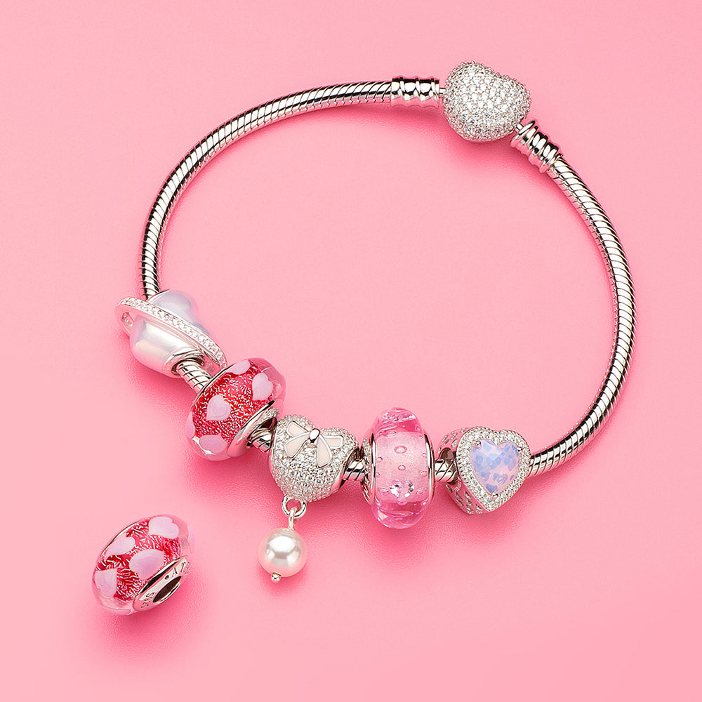 Pink Bow Insert CZ Heart Soft Pink Enamel with Shell Bead Pendant