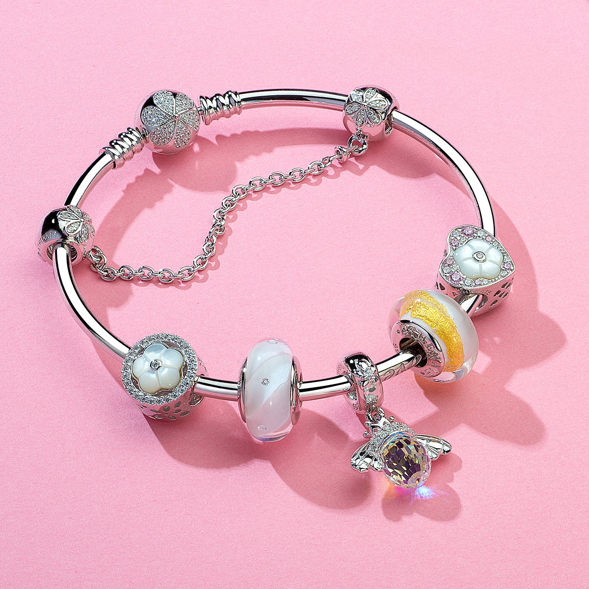 Multi-Colored CZ Heart Shape Flower Pink Charm