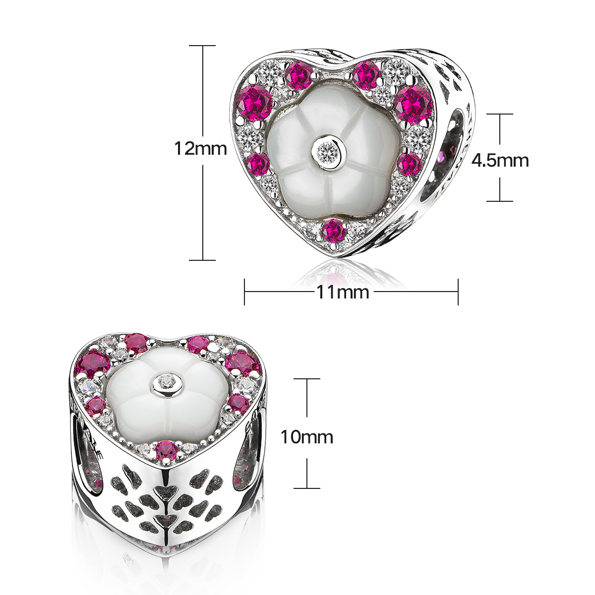 Multi-Colored CZ Heart Shape Flower Rose Red Charm