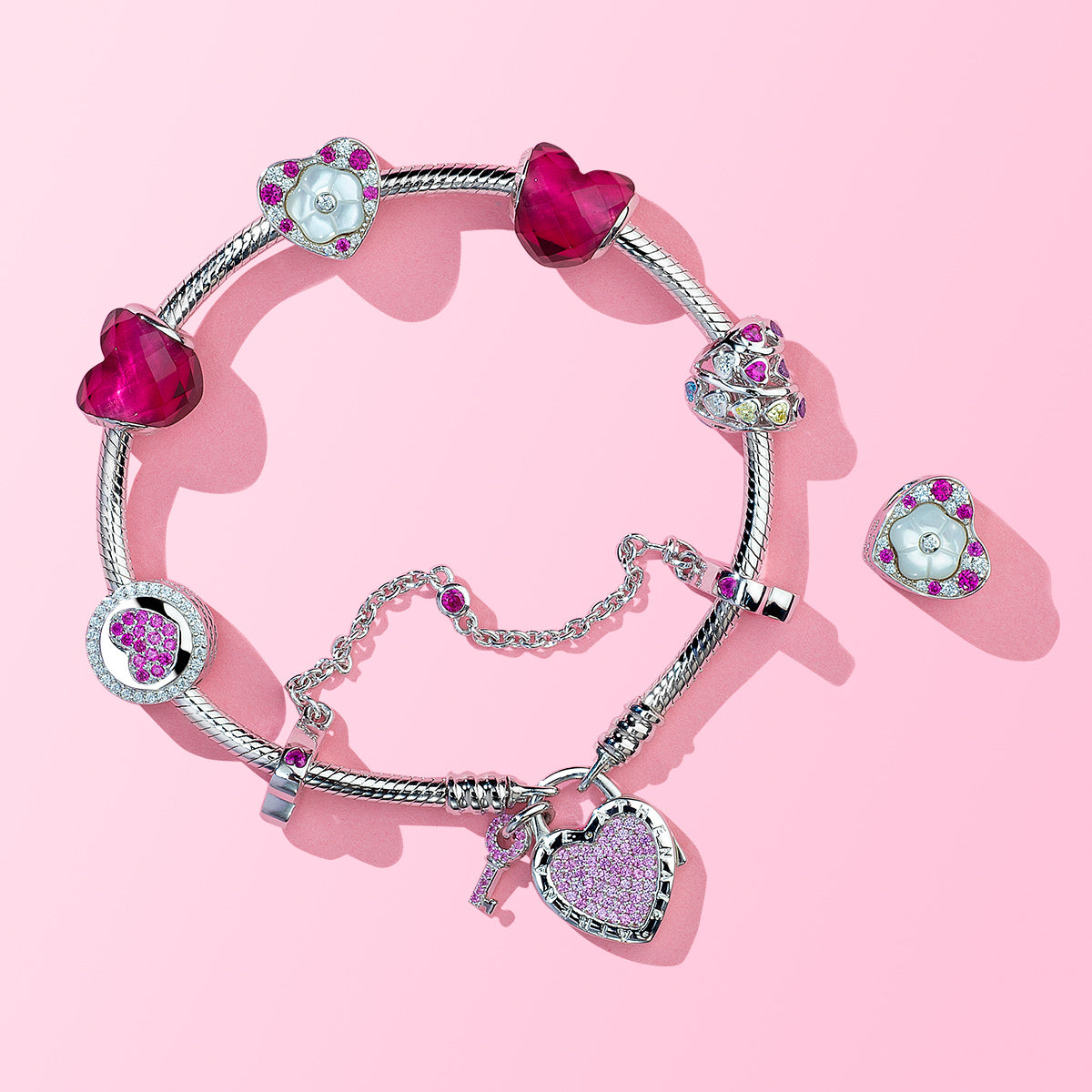 Multi-Colored CZ Heart Shape Flower Rose Red Charm