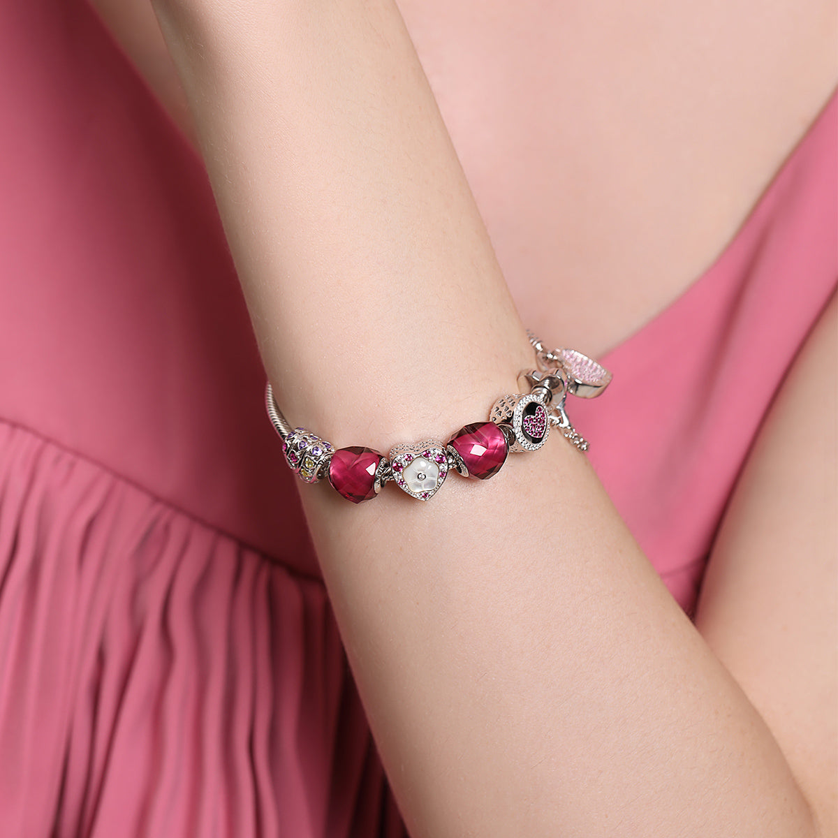 Multi-Colored CZ Heart Shape Flower Rose Red Charm
