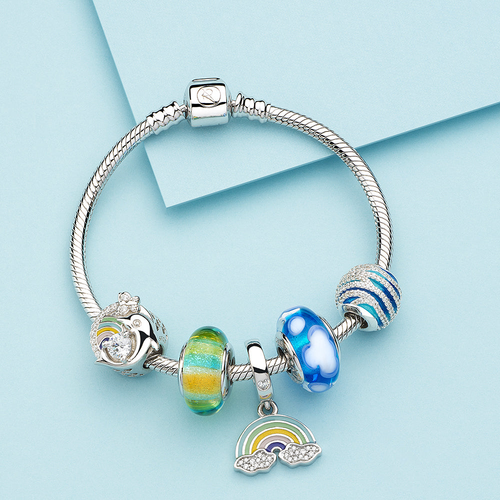 Colorful Enamel Rainbow Clear CZ Clouds Dangle