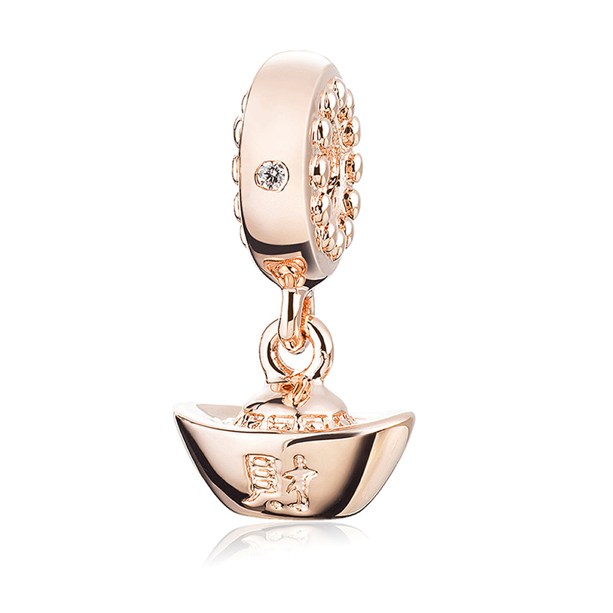 Chinese ingot dangle charm in rose gold, front view