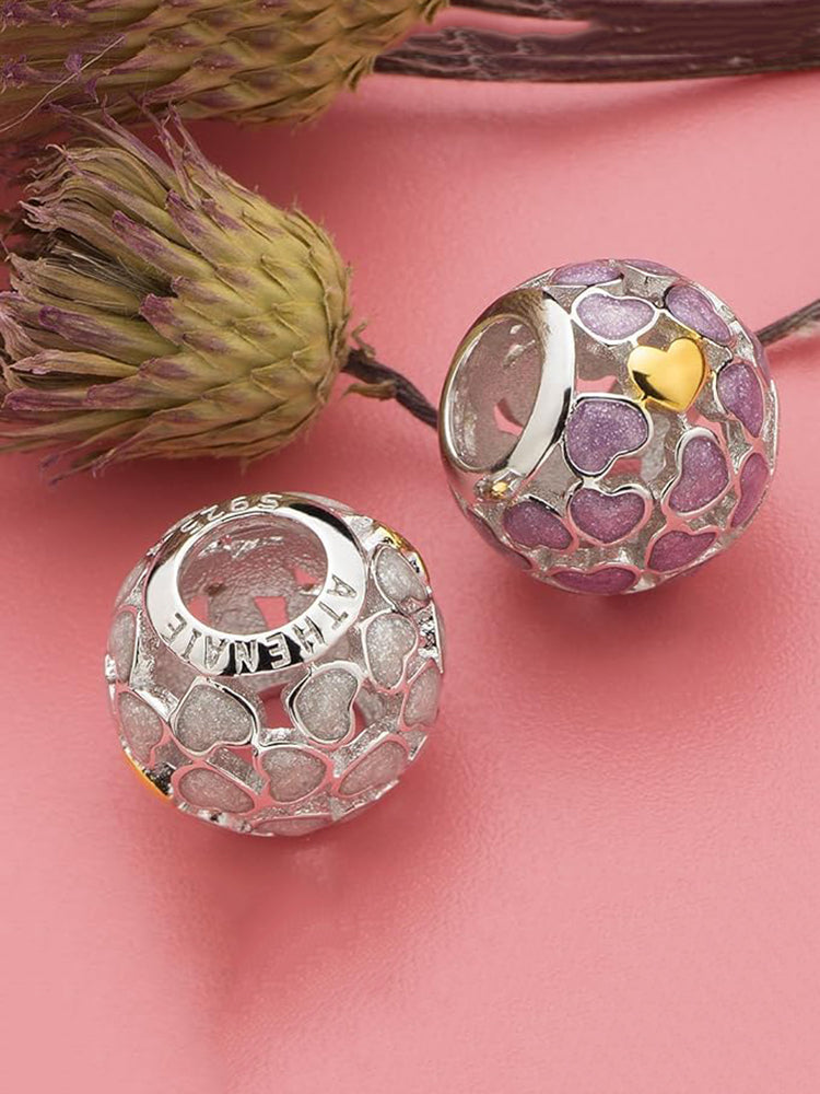 Purple enamel charm bead styled on sterling silver charm bracelet