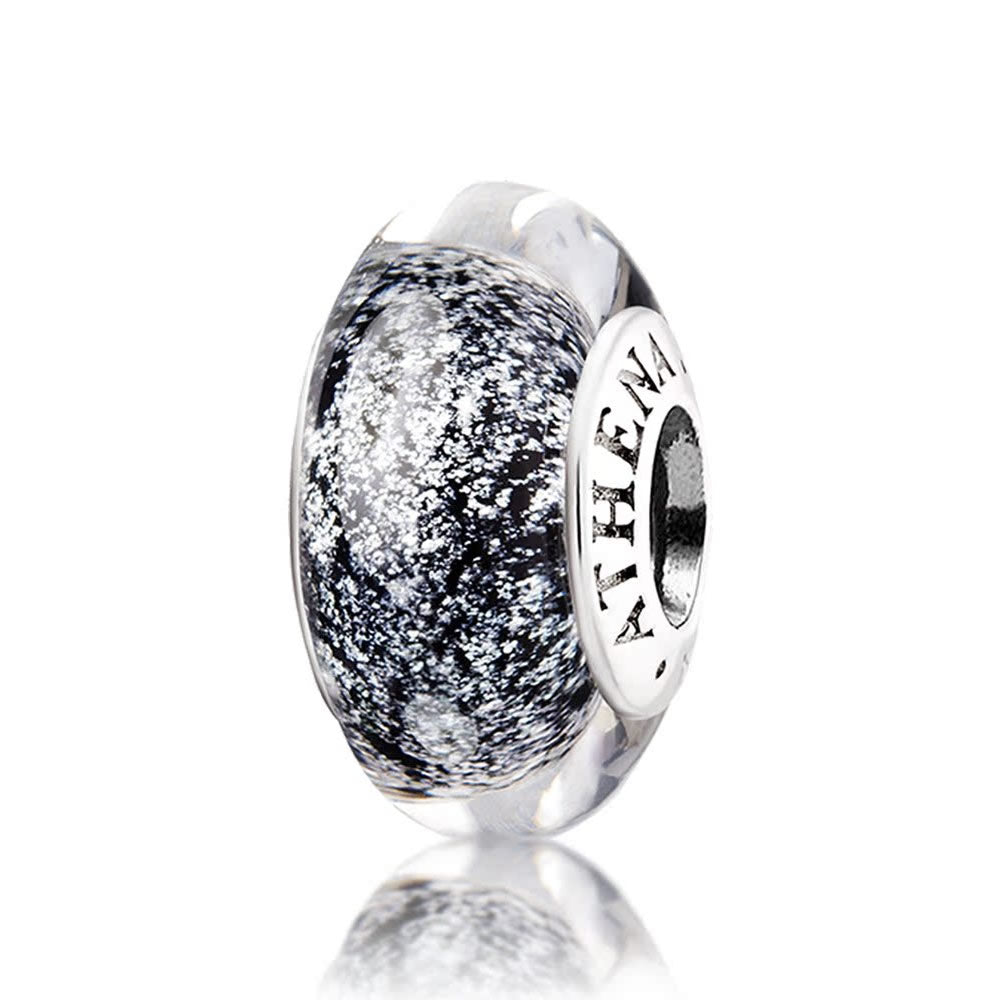 Stardust Night black Murano glass charm bead with silver foil – front view