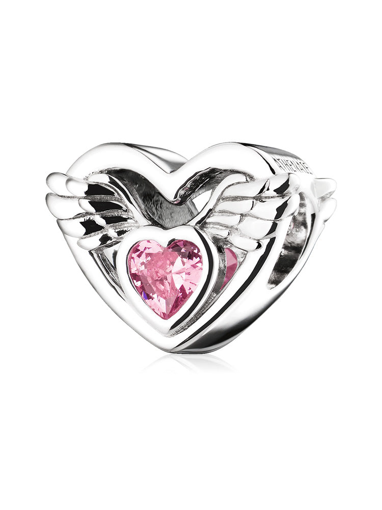 Angel wings heart charm bead front view in sterling silver