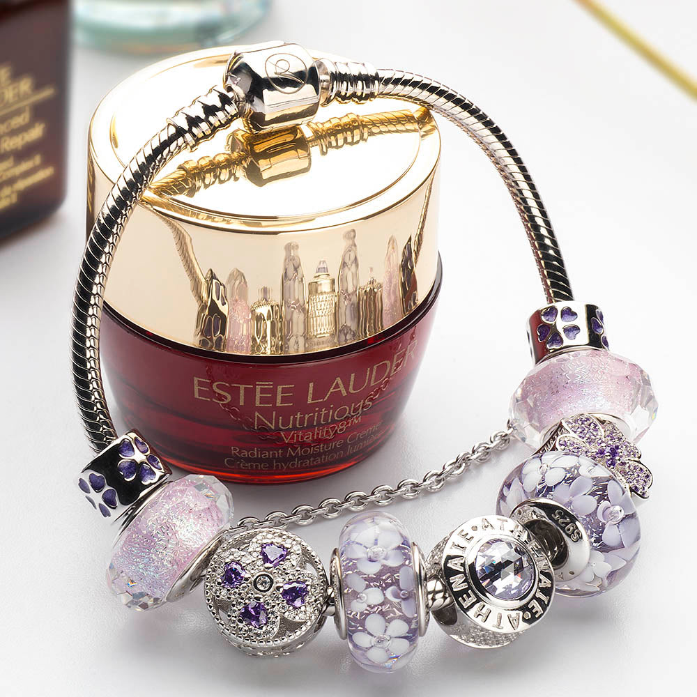 Purple Amethyst Glow charm bead with CZ pave on 925 silver bracelet