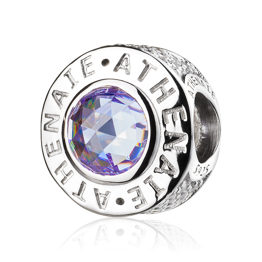 Amethyst Glow charm 925 sterling silver bead with purple CZ front view