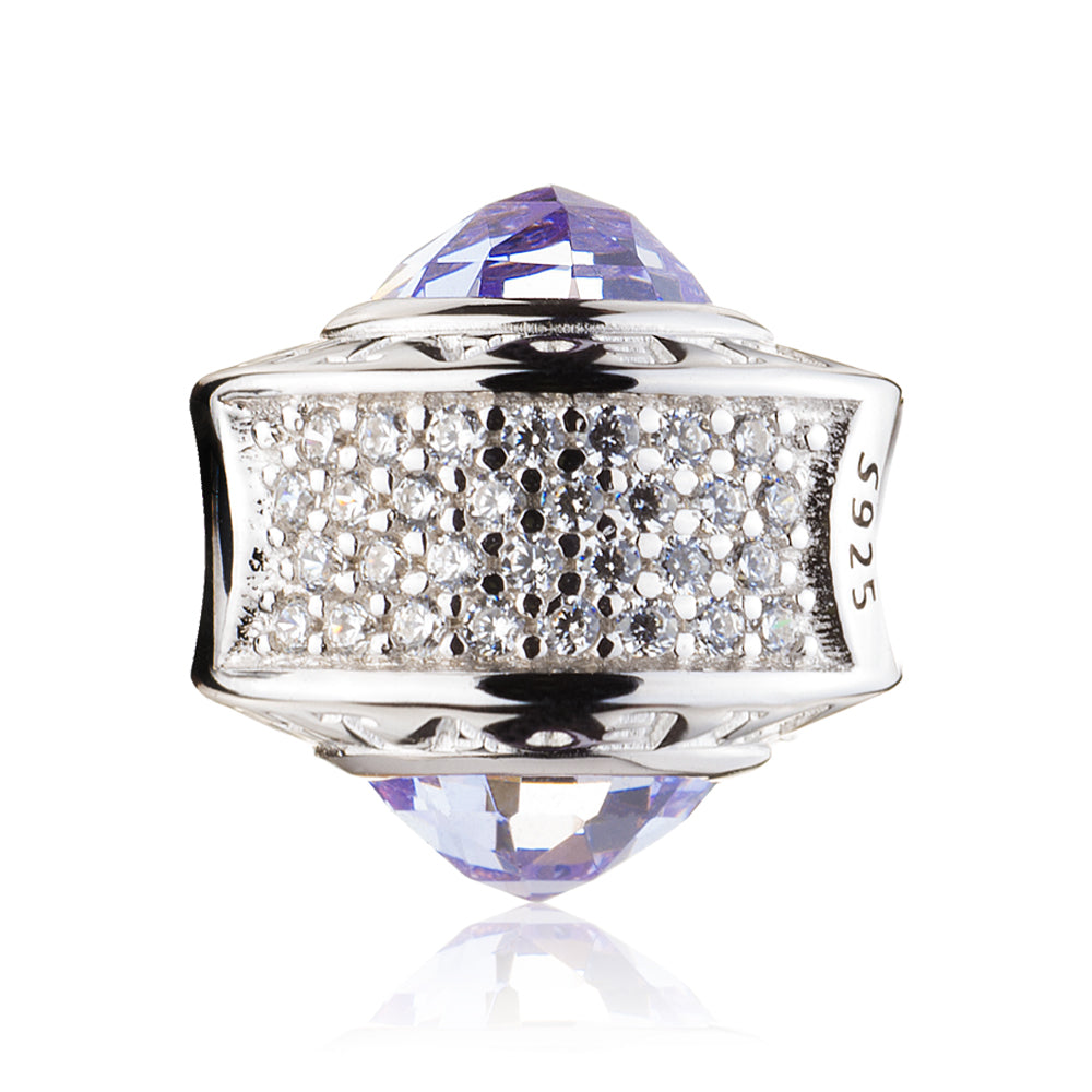 Side view of Amethyst Glow charm 925 sterling silver bead with CZ pave