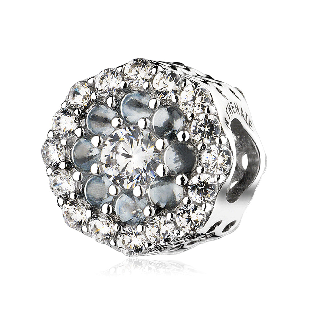 Blue Halo charm 925 sterling silver bead with blue CZ stones front view