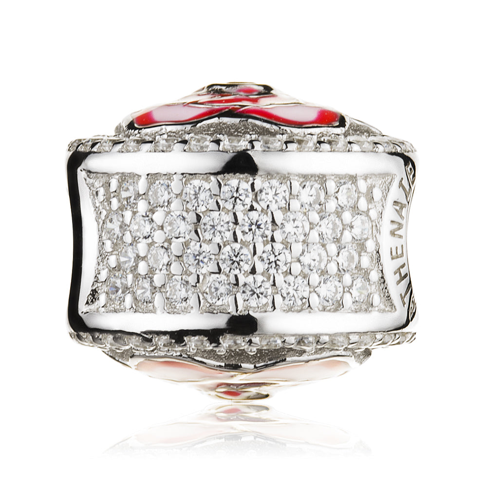 Side view of Crimson Rose charm 925 silver bead with red enamel and cubic zirconia