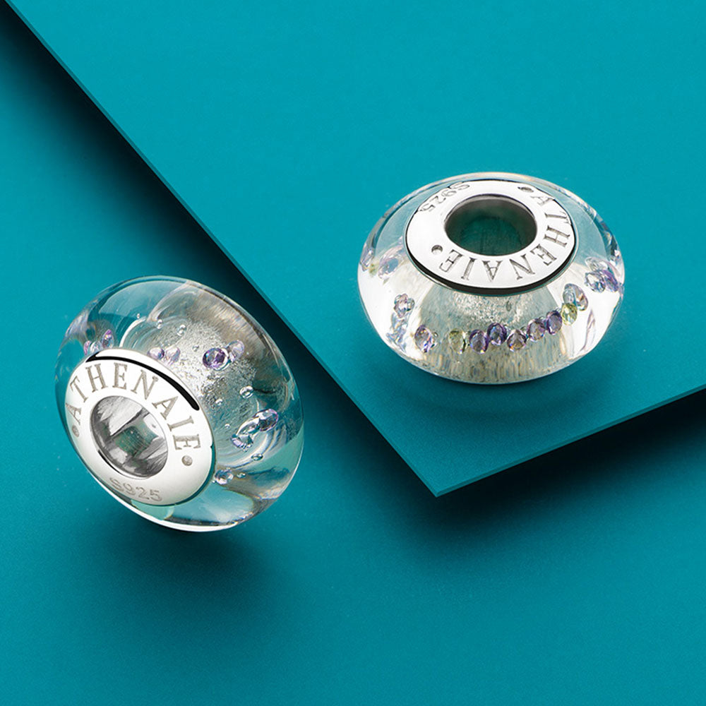 Crystal Aurora Murano glass charm bead with transparent bubble details scene view