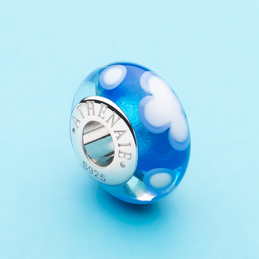 Dreamy Sky Murano glass charm with 925 silver core blue sky clouds design