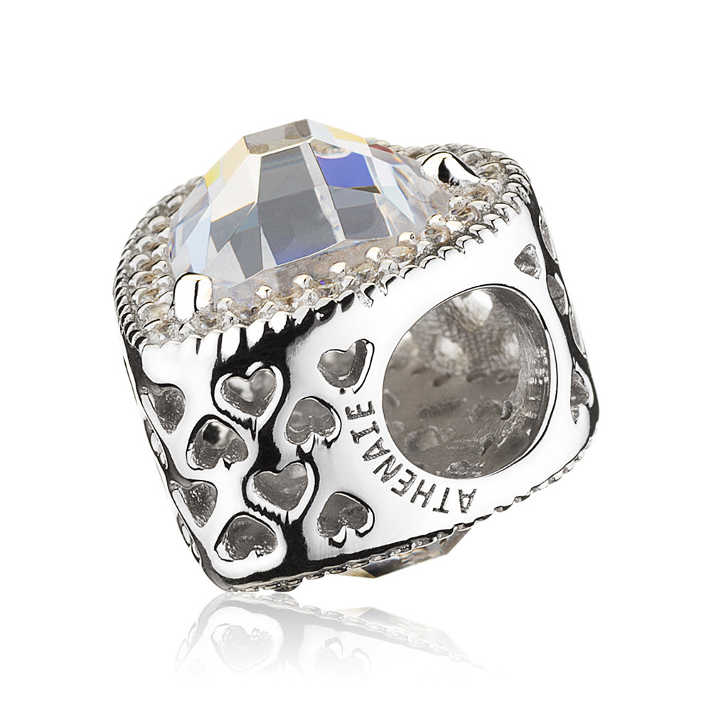 Close-up side view of Eternal Heart charm 925 silver bead with CZ