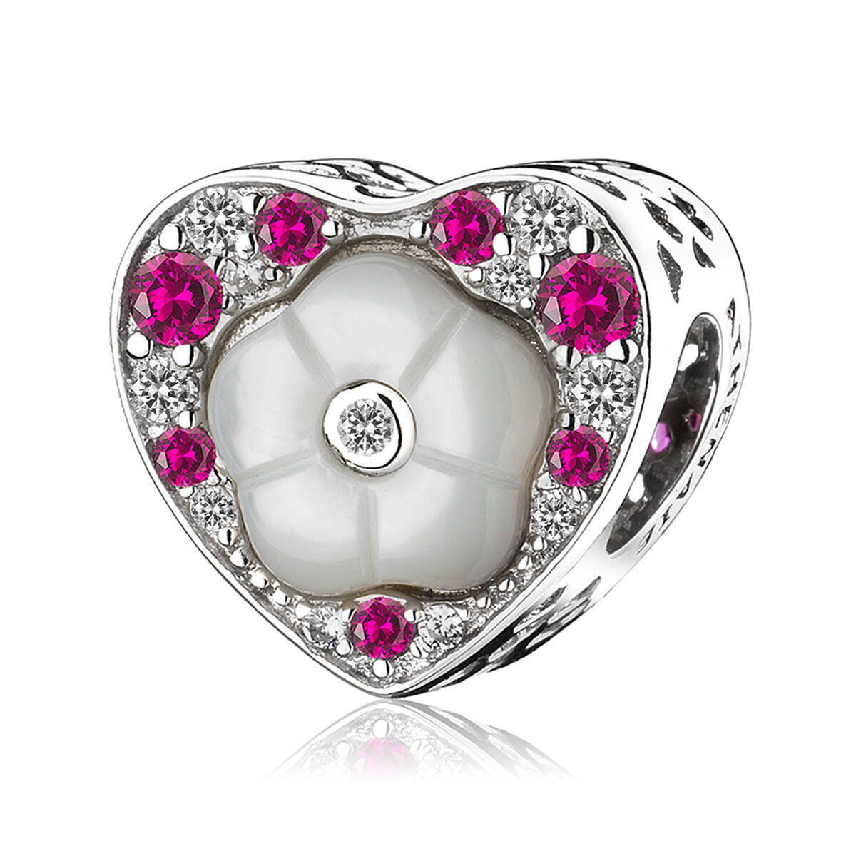 Eternal Rose charm 925 sterling silver bead with mother of pearl and CZ front view