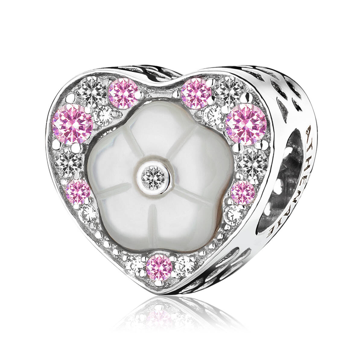 Love Bloom charm 925 sterling silver bead with mother of pearl and CZ front view