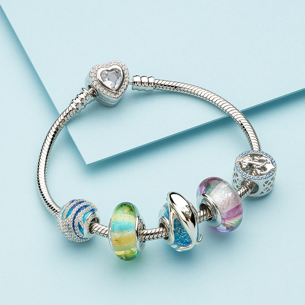 Anchor charm with CZ stones on sterling silver bracelet styled set