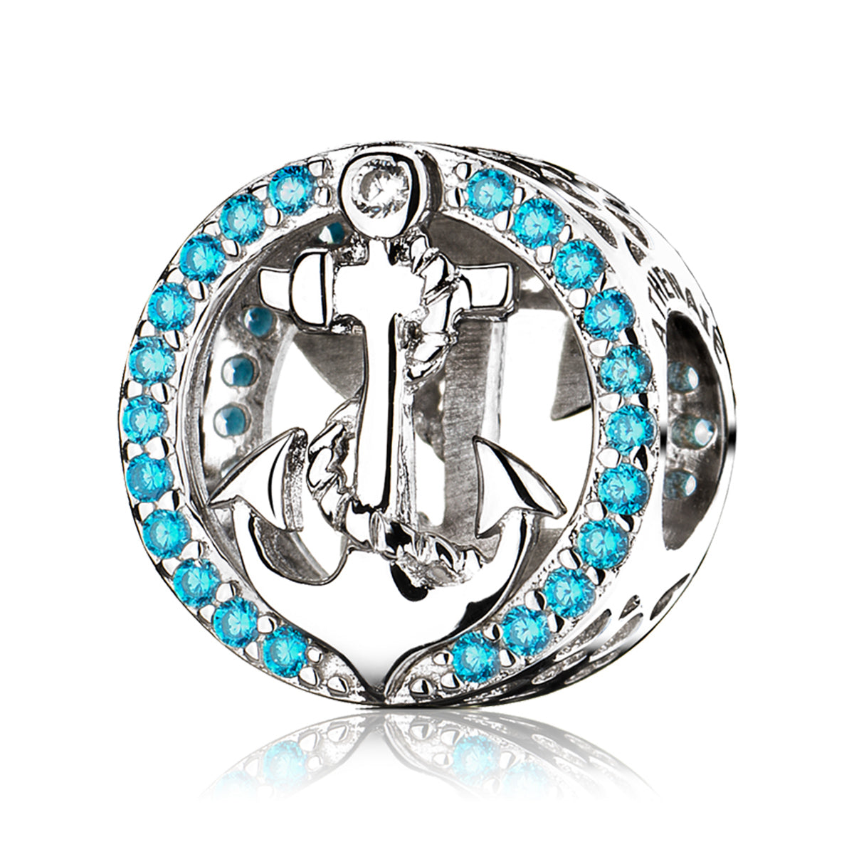 Ocean Anchor 925 sterling silver charm bead front view with CZ stones
