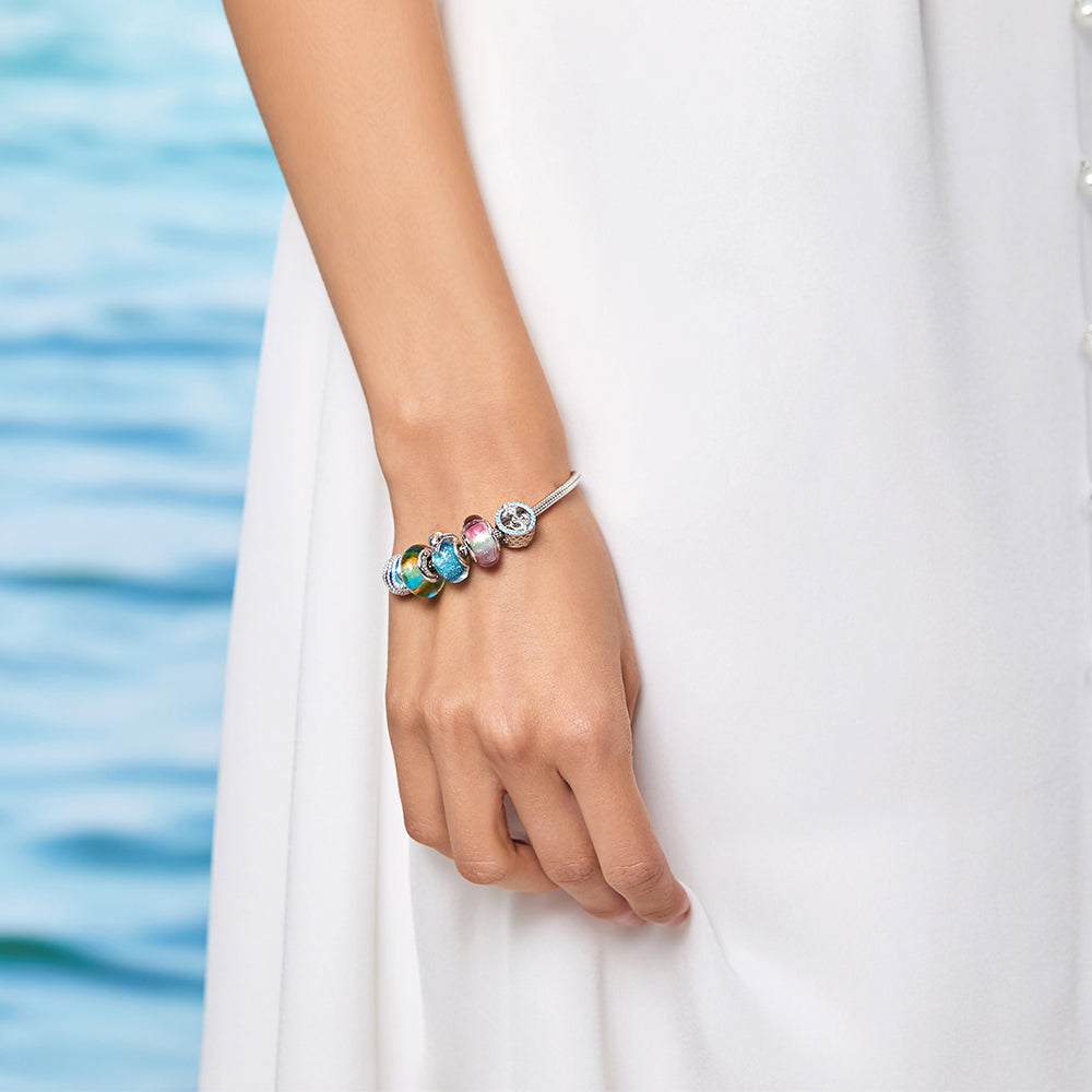 Model wearing Ocean Anchor 925 silver charm bead nautical bracelet look