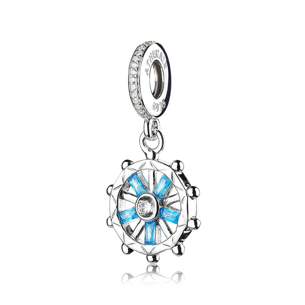Ocean Wheel charm 925 sterling silver dangle bead with CZ stones front view